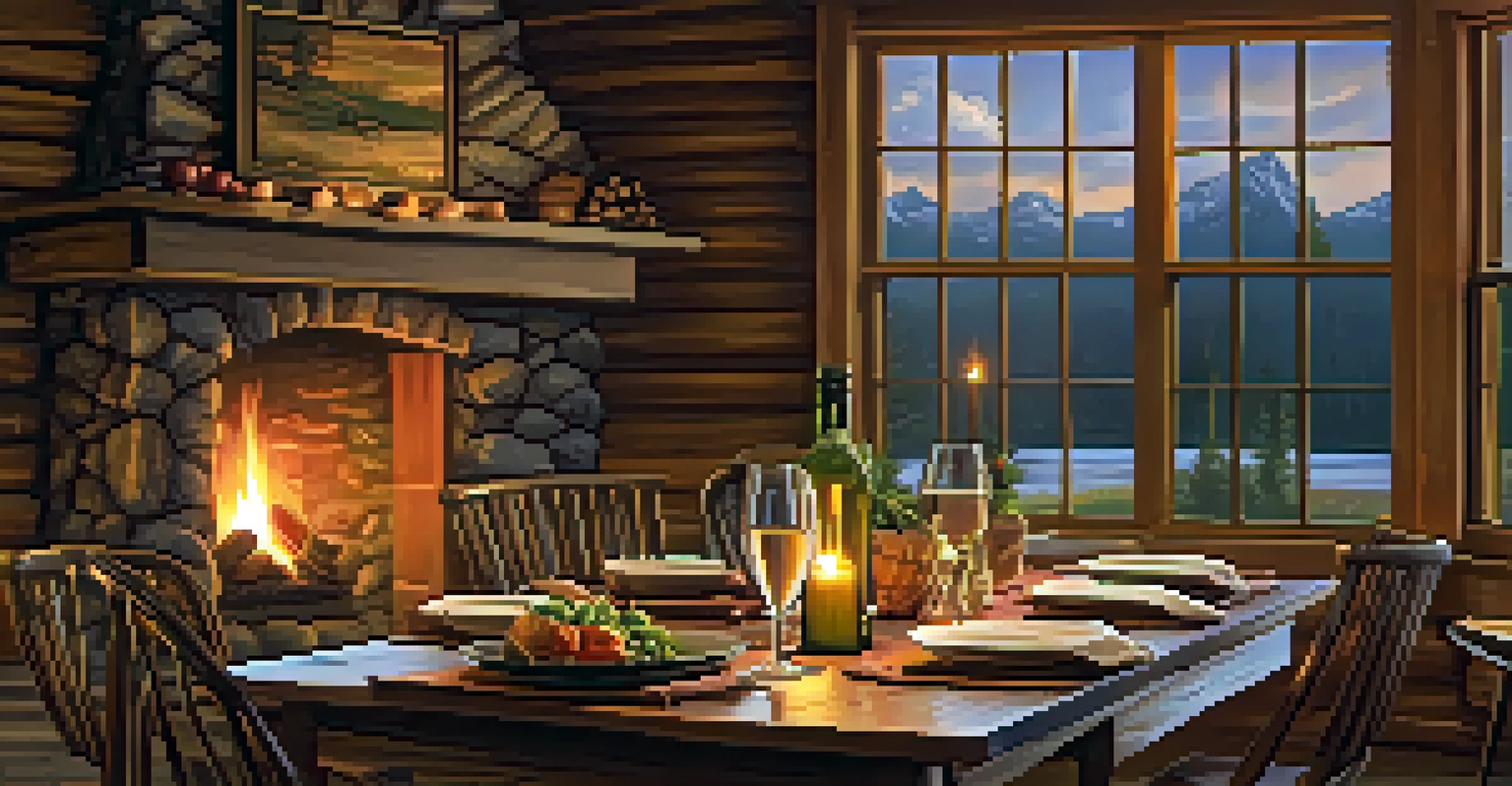 A cozy cabin interior with a dining table set for two, a fireplace, and warm lighting creating a romantic atmosphere.