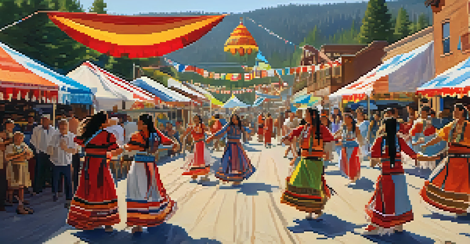 A vibrant cultural festival in Big Bear Valley, showcasing Native American dancers and visitors enjoying local food amidst historic buildings.