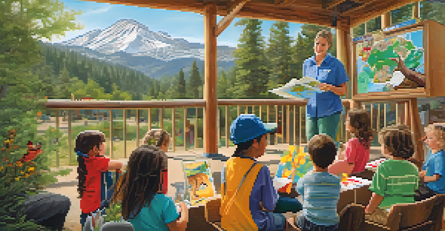 Children participating in an educational workshop at the Big Bear Alpine Zoo, interacting with a zookeeper and a young animal.