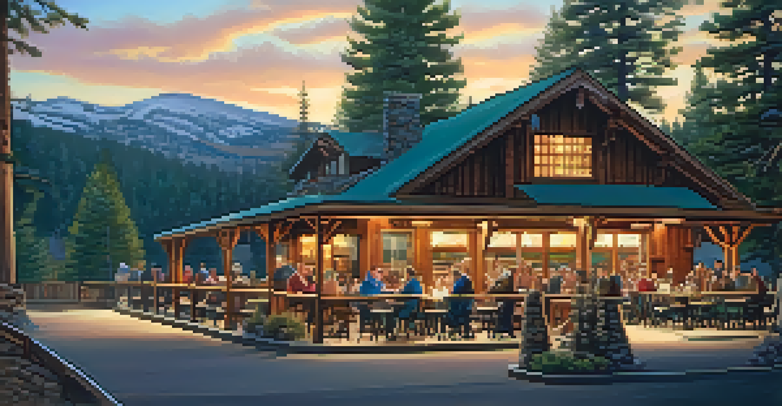 A rustic lodge-style restaurant surrounded by pine trees with warm evening light and outdoor dining tables.