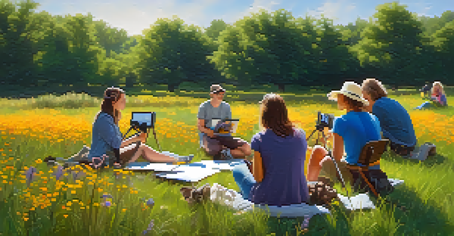 A group of beginner photographers learning in a meadow filled with wildflowers under sunny skies.