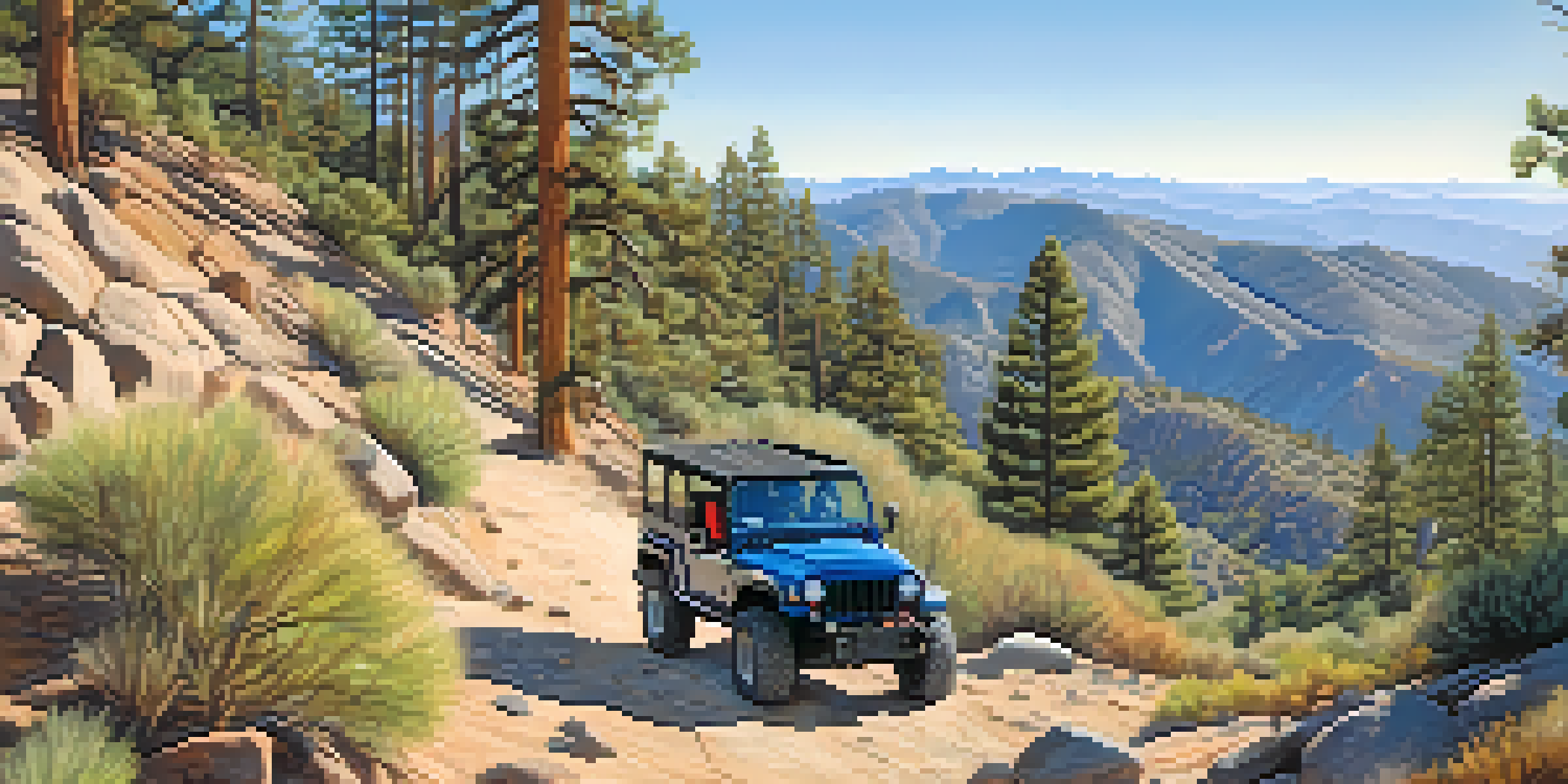 A scenic view from the Gold Mountain Trail with an off-road vehicle on a rocky path, surrounded by pine trees and mountains under a blue sky.