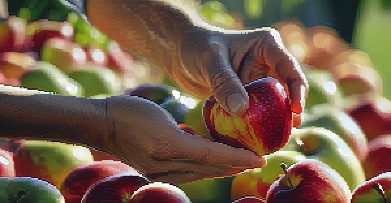 A close-up of a farmer's hand holding a dew-covered apple, with a blurred farmers market scene in the background.