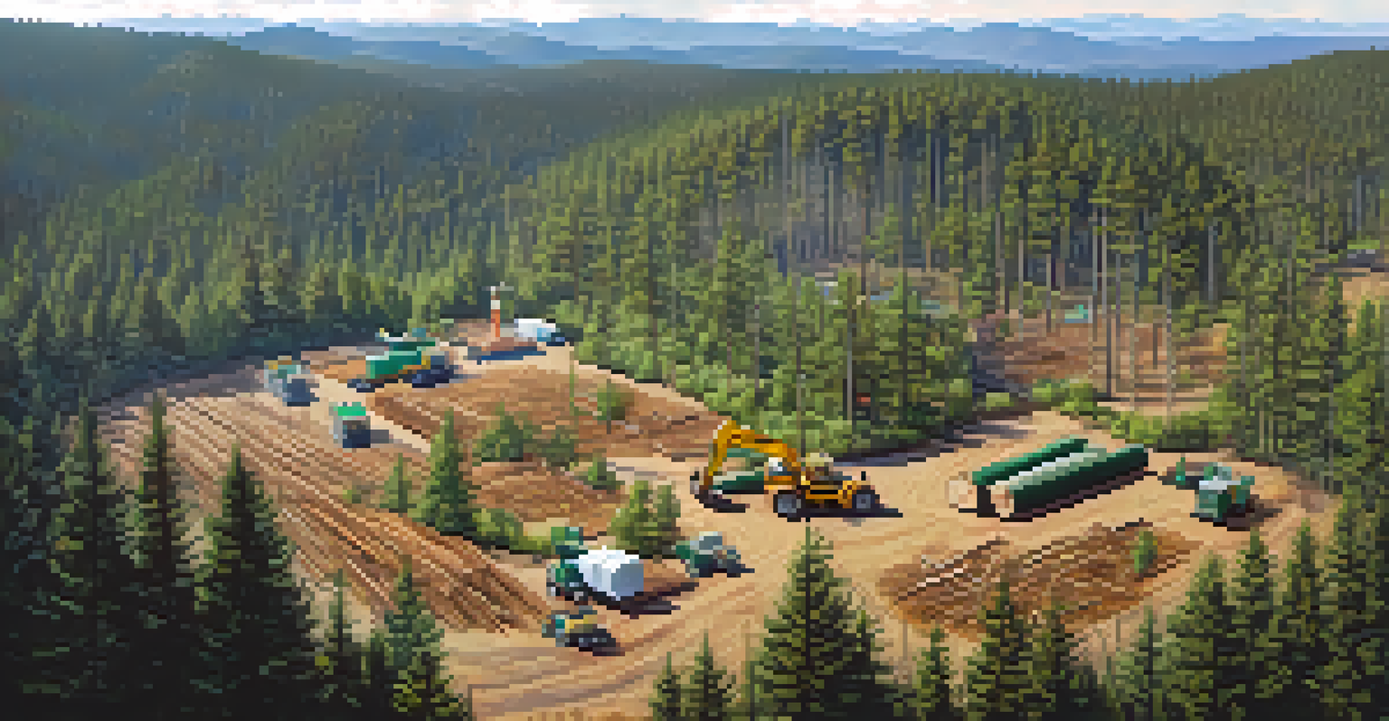 Aerial view of a sustainable logging operation in Big Bear with workers and contrasting green landscapes.