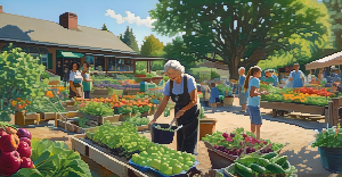 A lively community garden with residents planting and harvesting, showcasing bright flowers and vegetables under warm sunlight.