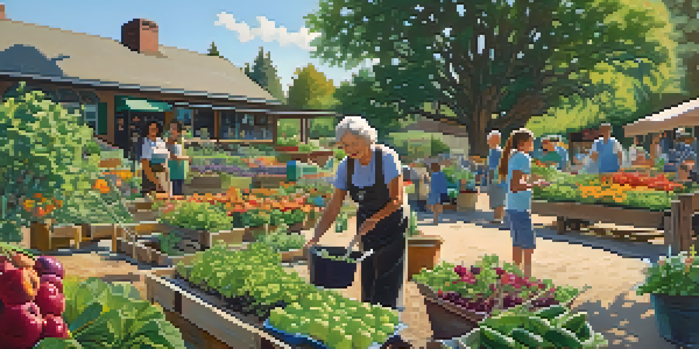 A lively community garden with residents planting and harvesting, showcasing bright flowers and vegetables under warm sunlight.