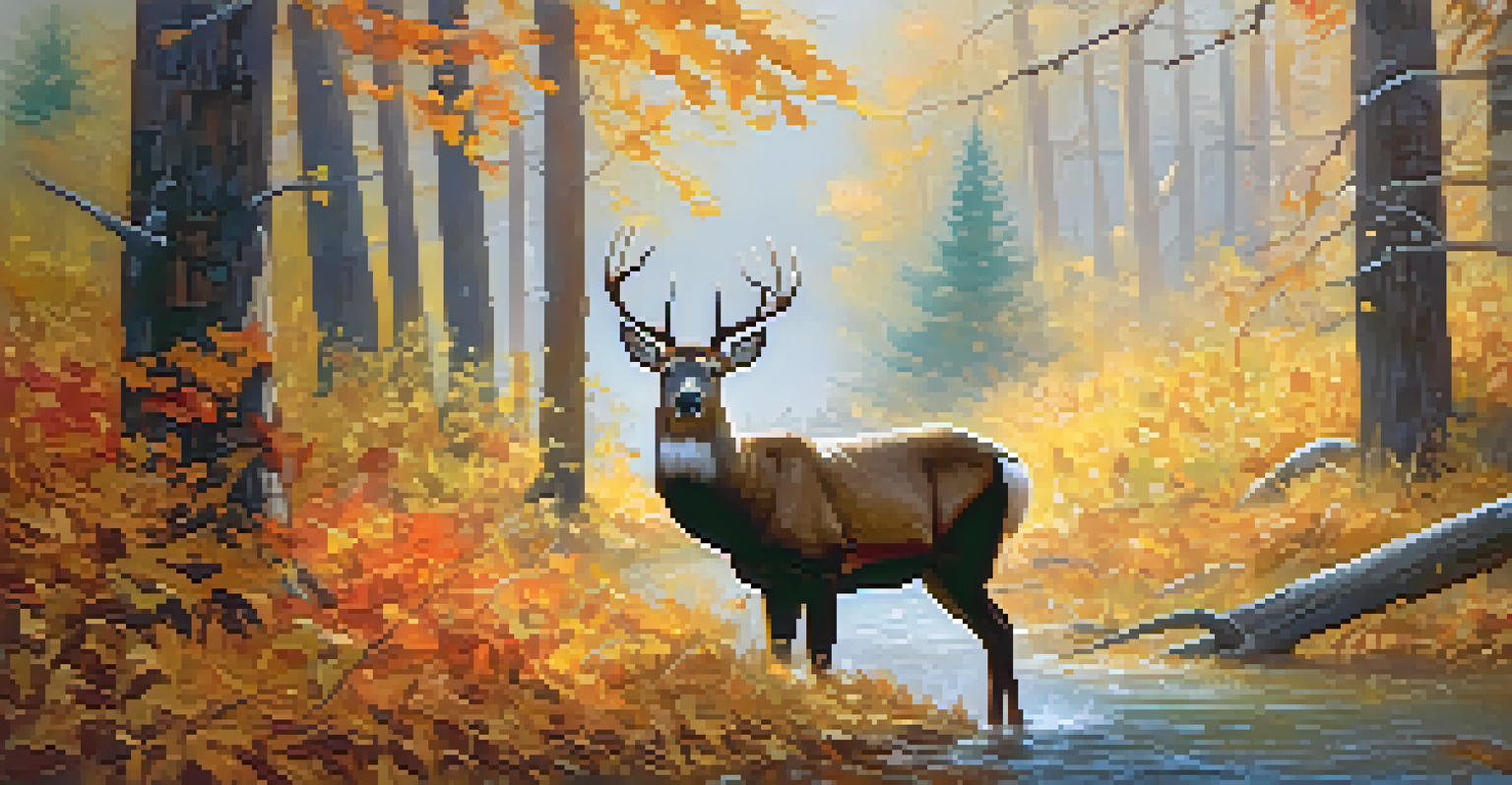 An autumn scene in Big Bear showing a male deer competing during the rutting season, surrounded by colorful fall foliage.
