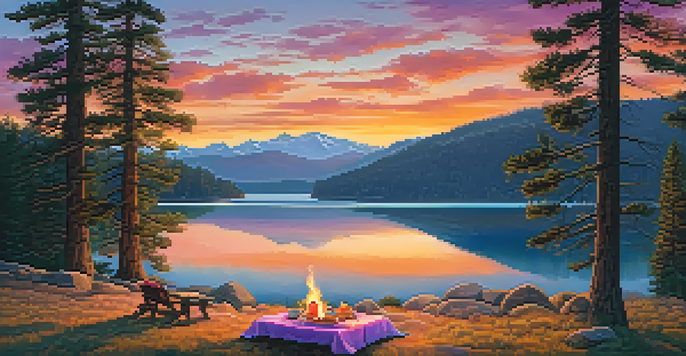 A beautiful sunset over Big Bear Lake viewed from Eagle Point, with colorful reflections on the water and a picnic setup in the foreground.