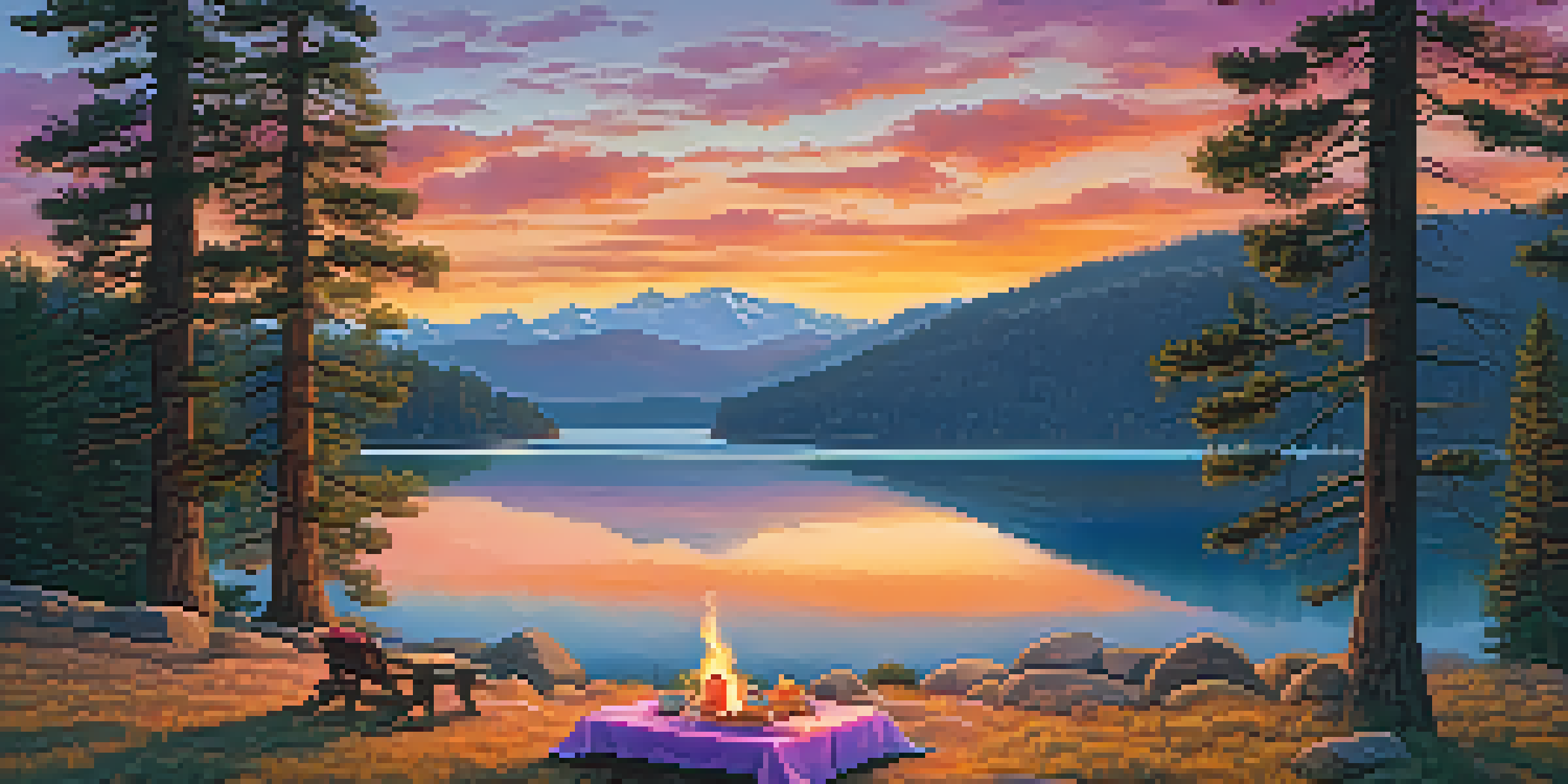 A beautiful sunset over Big Bear Lake viewed from Eagle Point, with colorful reflections on the water and a picnic setup in the foreground.