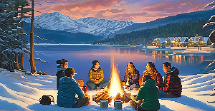 A scenic view of Big Bear Lake during New Year's Eve, with fireworks in the sky, families by a bonfire, and snow-covered mountains in the background.