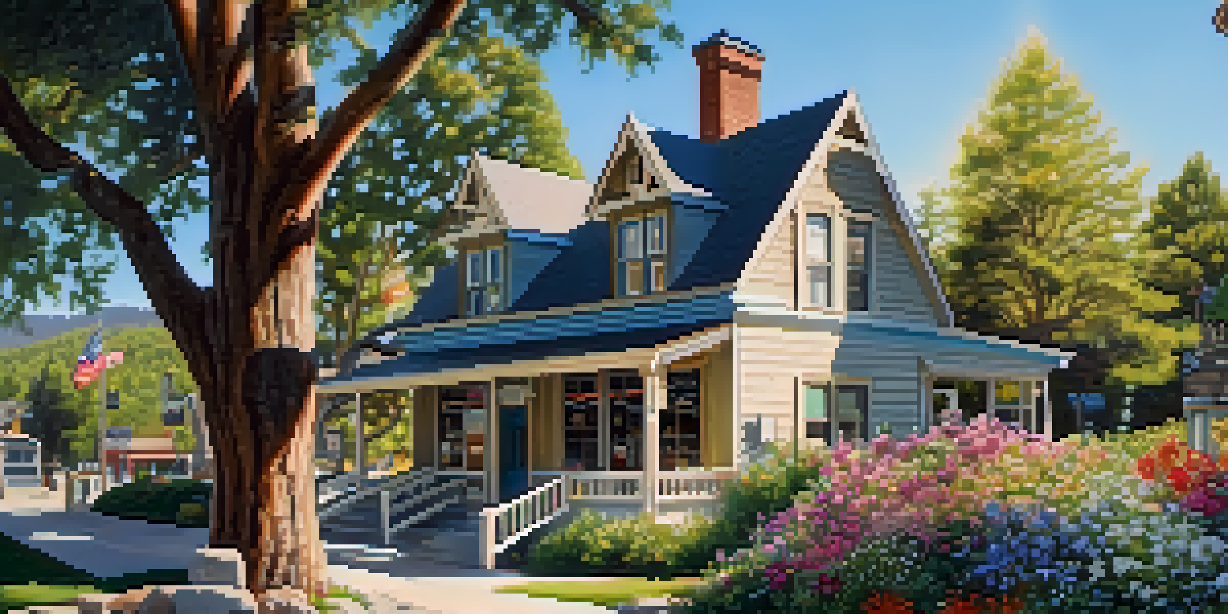 Scenic view of Big Bear Lake Historical Museum with vibrant flowers and trees, sunlight filtering through leaves.