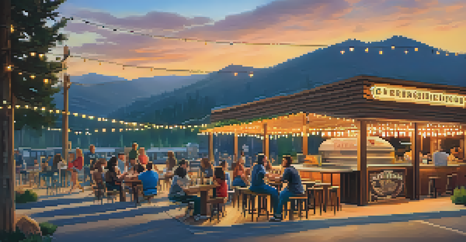 An outdoor brewery patio with friends enjoying craft beers and food trucks against a mountain backdrop.