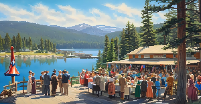 A lively historical society event in Big Bear Valley with residents in vintage clothing storytelling by the lake, surrounded by trees and a clear sky.