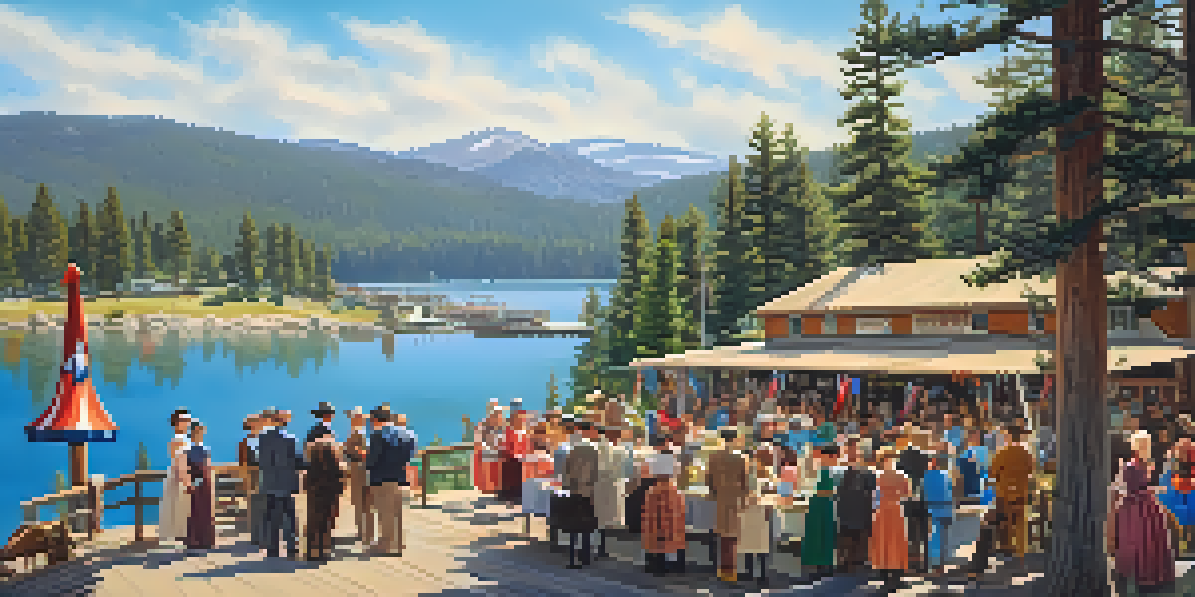 A lively historical society event in Big Bear Valley with residents in vintage clothing storytelling by the lake, surrounded by trees and a clear sky.
