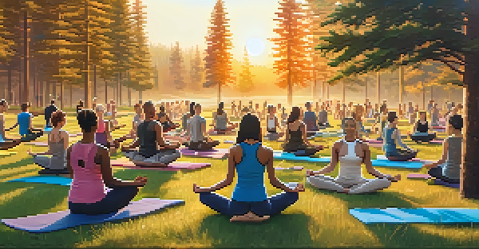 A diverse group of people practicing yoga outdoors at sunset, surrounded by trees, with colorful yoga mats on the grass.