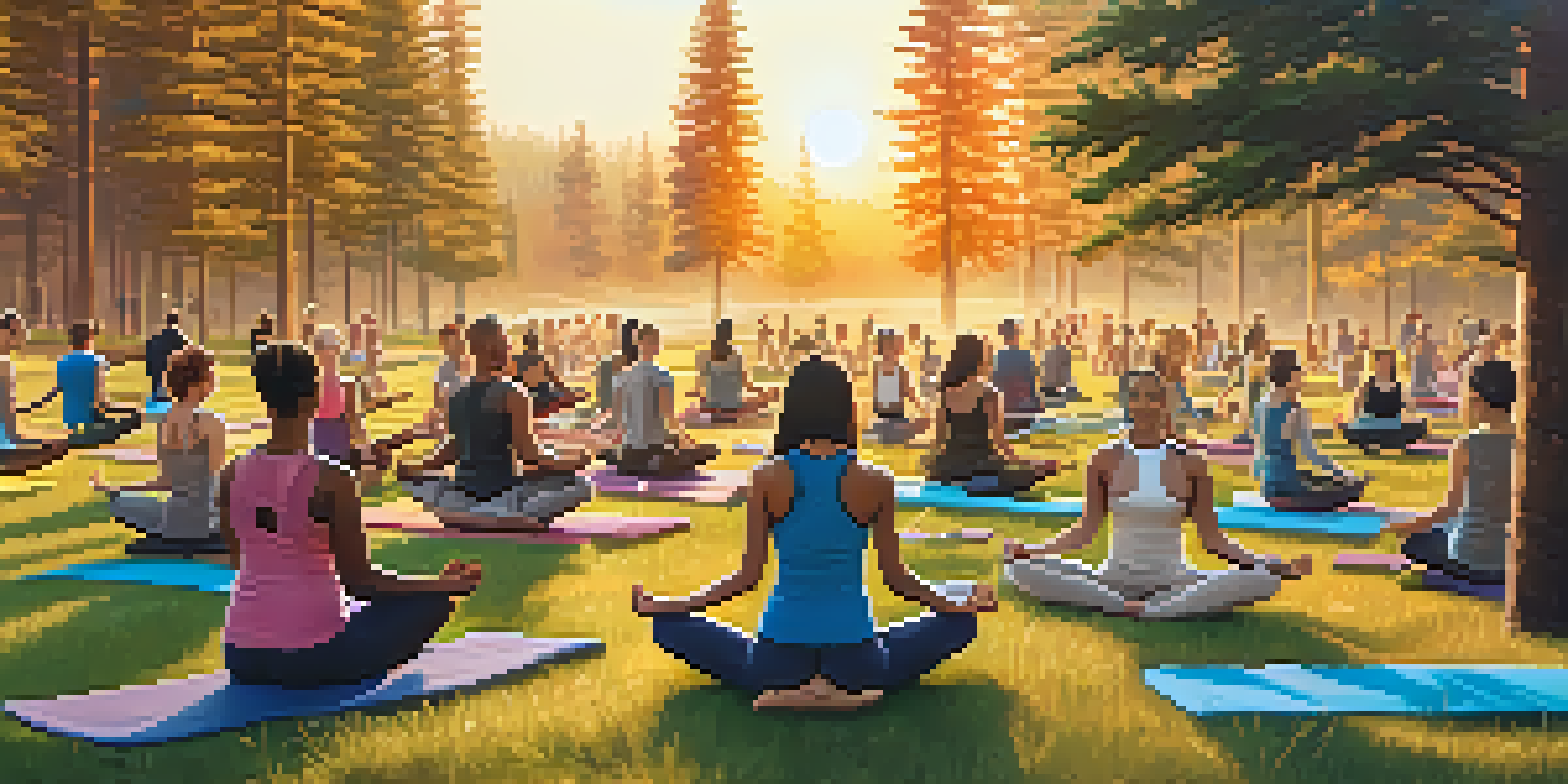 A diverse group of people practicing yoga outdoors at sunset, surrounded by trees, with colorful yoga mats on the grass.