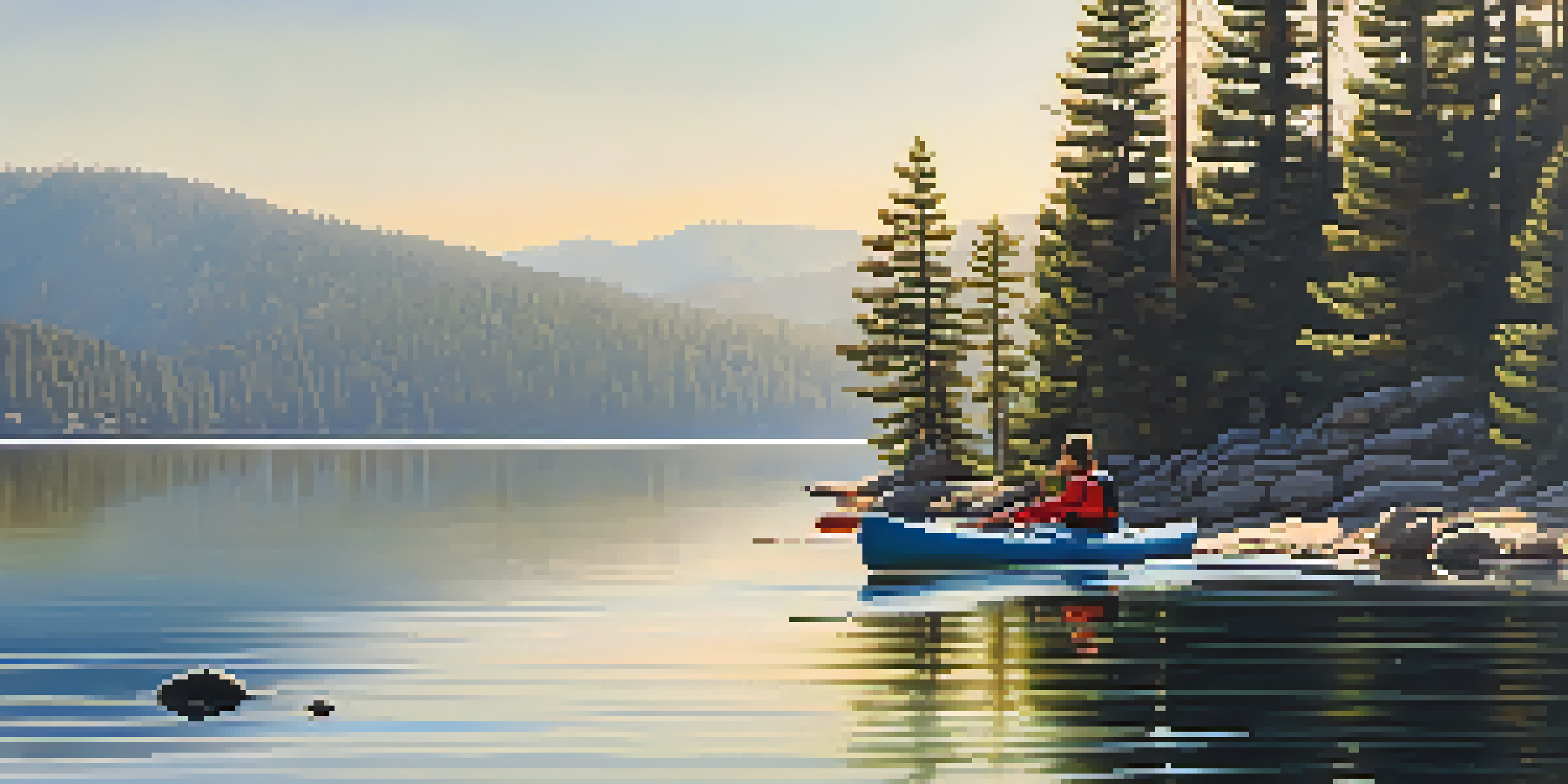 A kayaker on Big Bear Lake surrounded by mountains and pine trees, with the sun reflecting on the water.