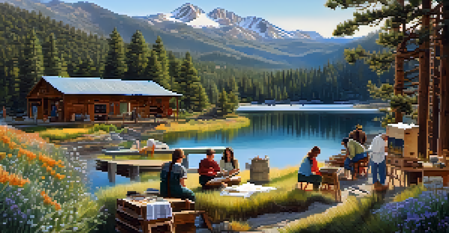 Artists participating in an outdoor textile workshop with mountains and a lake in the background.