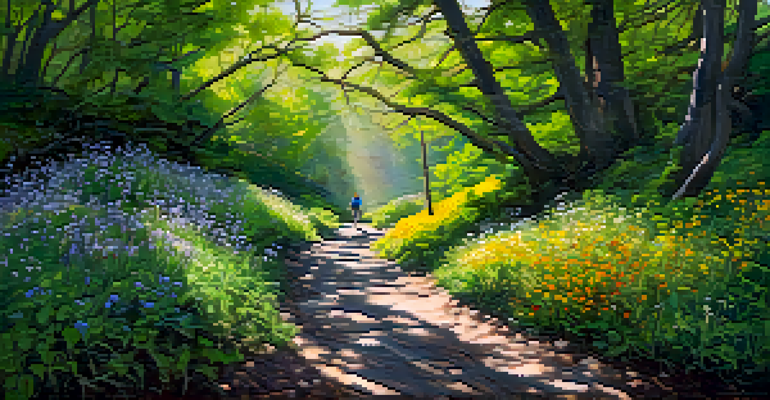 A peaceful hiking trail in Grout Bay Park with a hiker, dense trees, wildflowers, and sunlight filtering through the leaves.