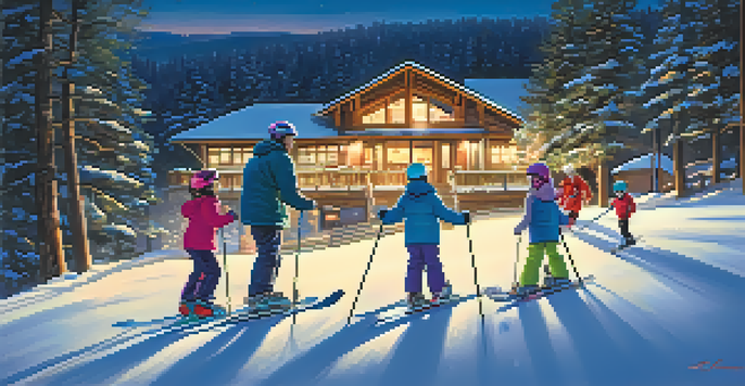A family with children skiing on a beginner slope at night, with a lodge and glowing lights in the background.