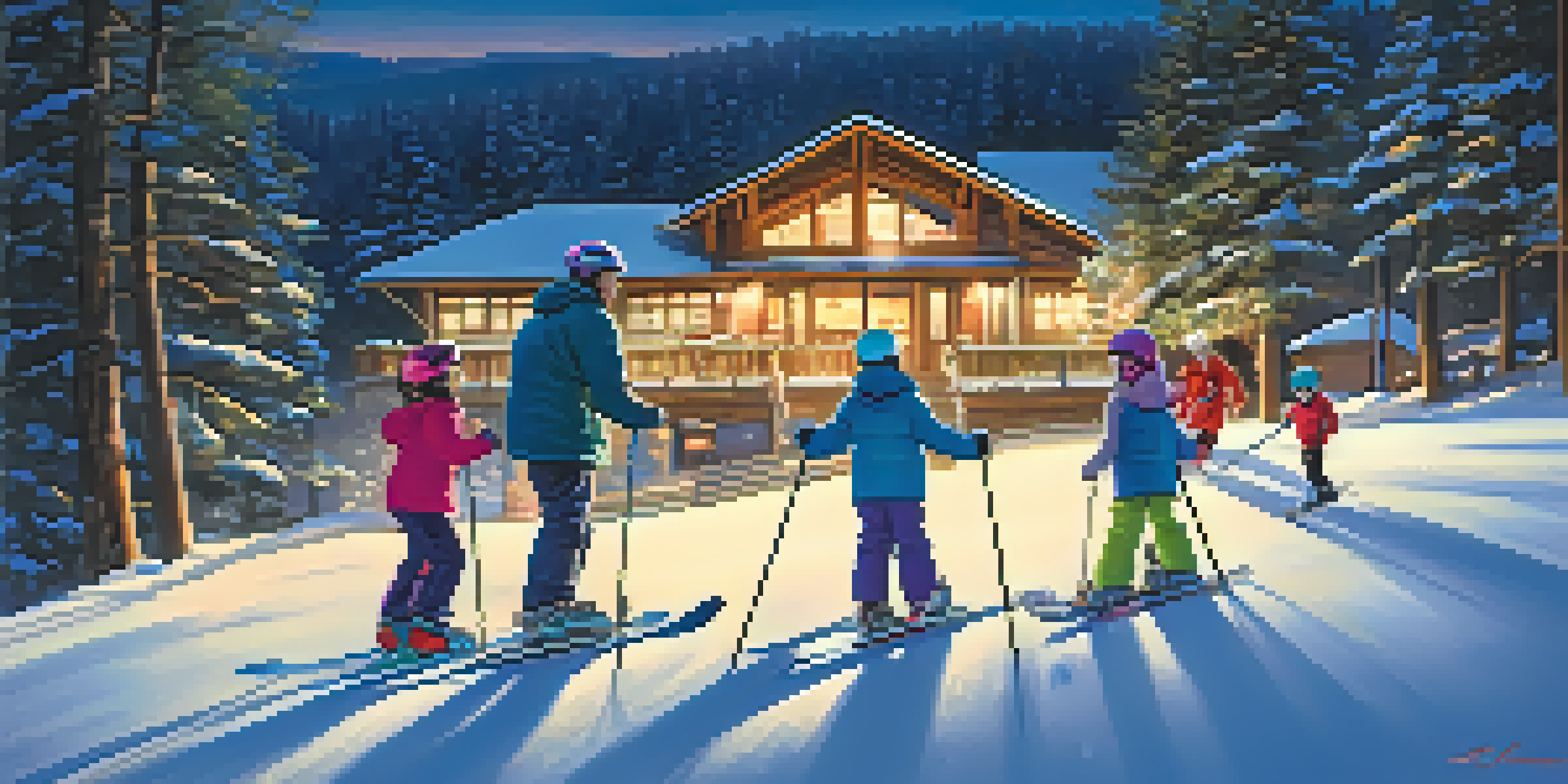 A family with children skiing on a beginner slope at night, with a lodge and glowing lights in the background.