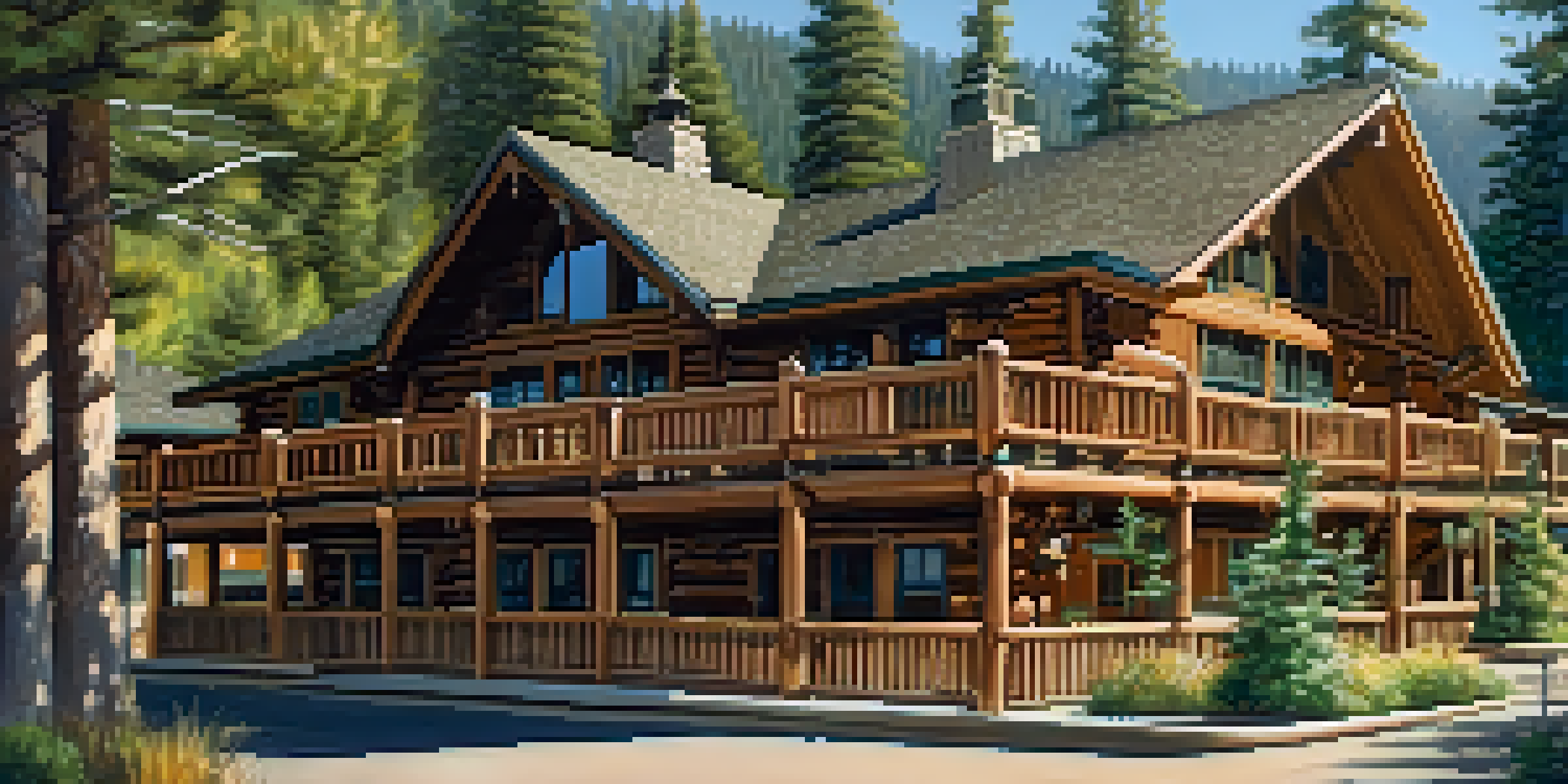 A charming lodge in the mountains, surrounded by trees and a blue sky, with sunlight shining on its wooden structure.