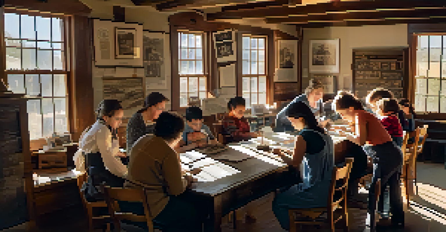 Inside the Big Bear Lake Schoolhouse museum, participants of all ages engage in a workshop surrounded by historical artifacts and photographs.