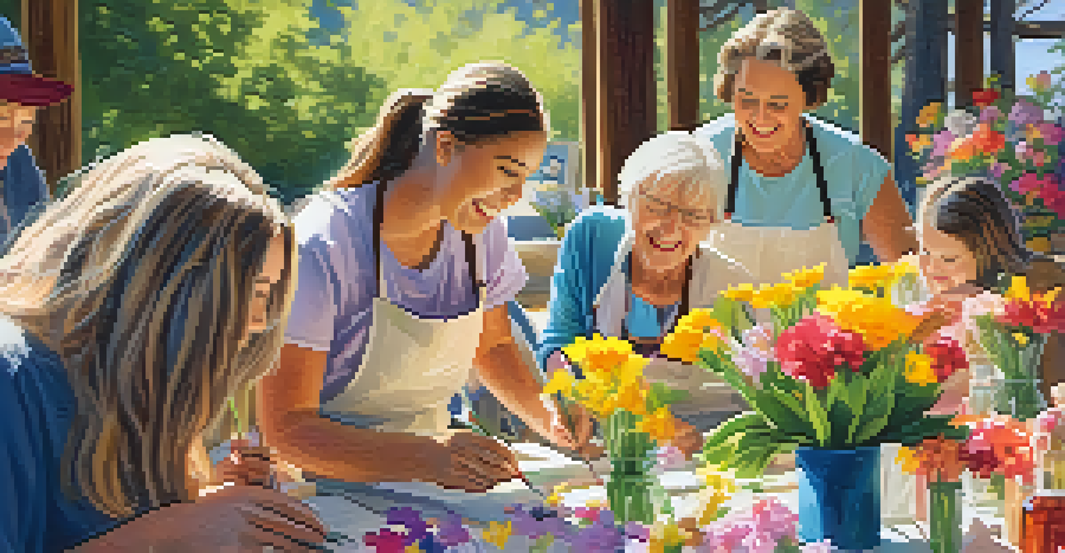 A spring workshop in Big Bear with participants making floral arrangements surrounded by blooming flowers.