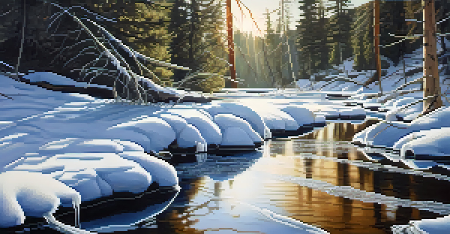 A close-up of a partially frozen stream in Big Bear with ice crystals and animal tracks nearby.