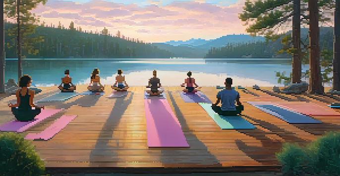 A peaceful outdoor yoga session at sunrise on a deck by a lake, surrounded by trees and soft morning light.