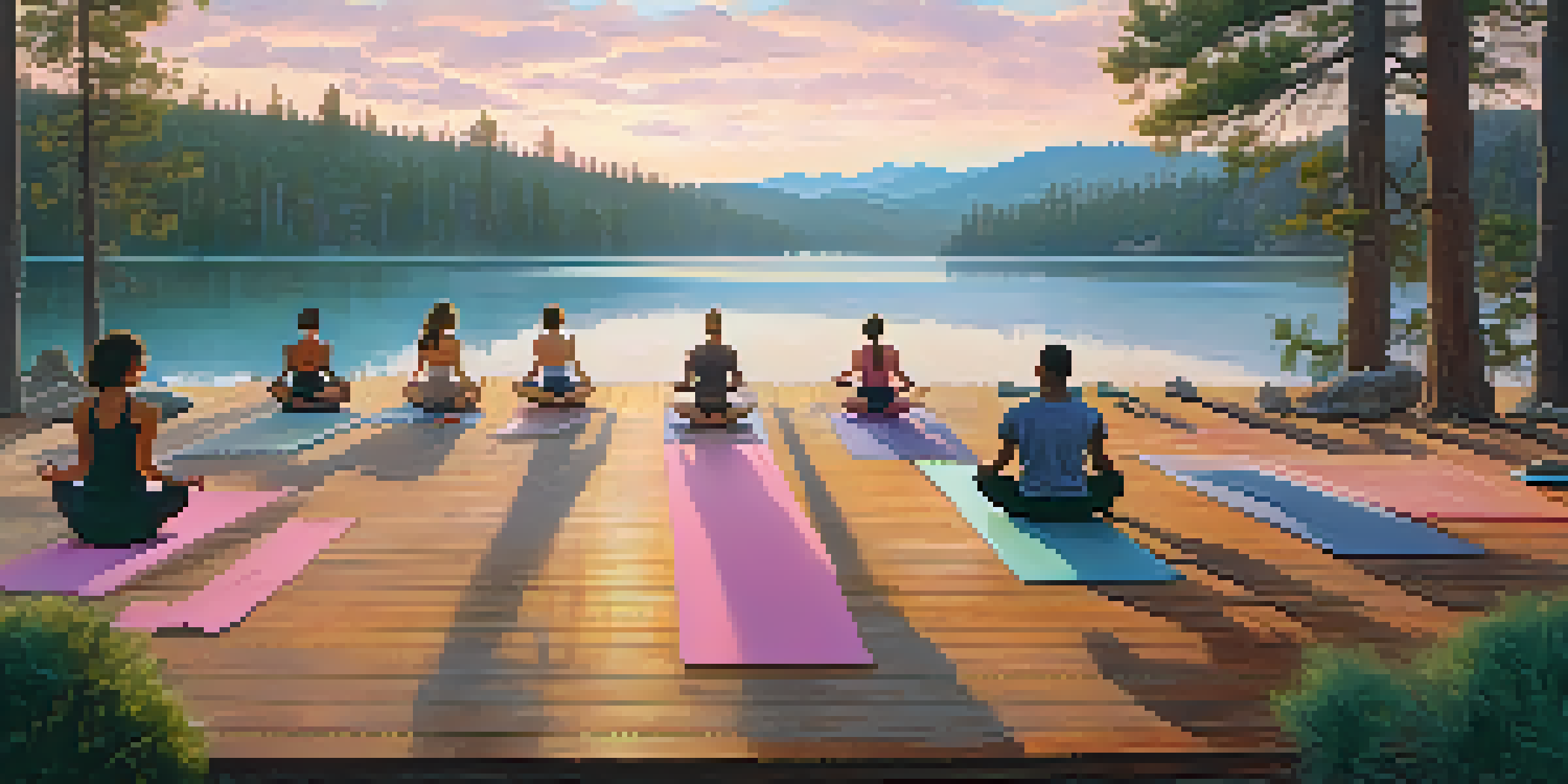 A peaceful outdoor yoga session at sunrise on a deck by a lake, surrounded by trees and soft morning light.