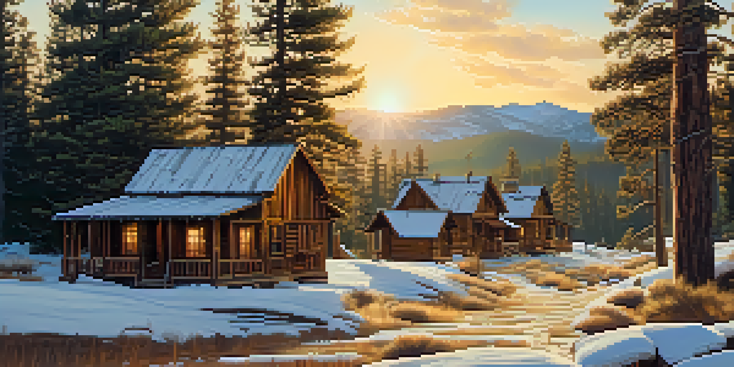 A picturesque view of Big Bear's Ghost Town with rustic buildings and pine trees under a warm sunset.