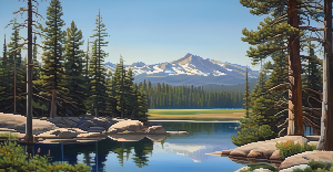 A tranquil landscape of Moonridge with pine trees, a lake, and mountains under a blue sky.