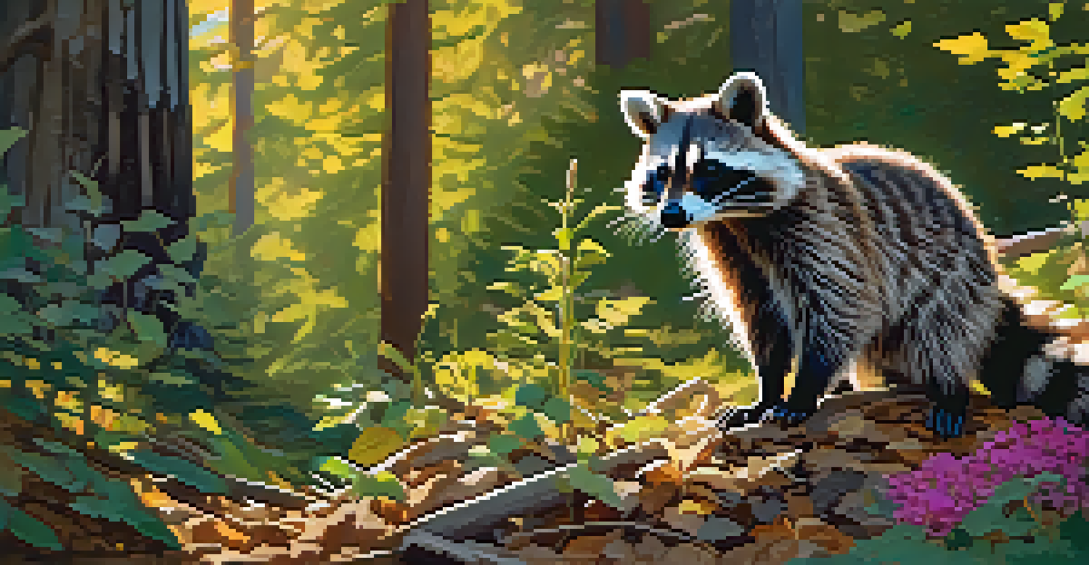 A raccoon exploring a forest floor covered in leaves and wildflowers.