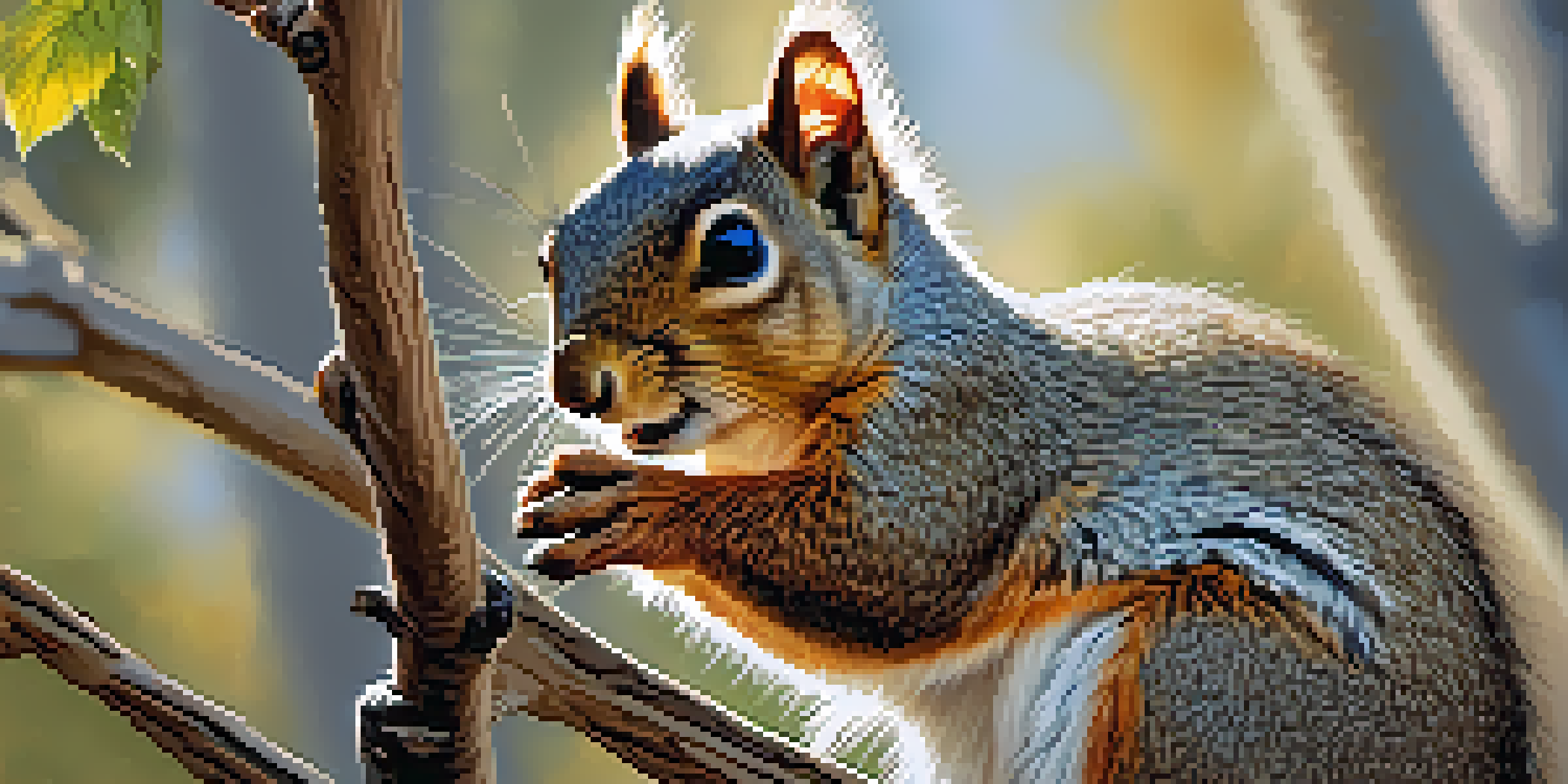 A close-up of a squirrel on a tree branch in Big Bear, showcasing its fur and the tree's bark.