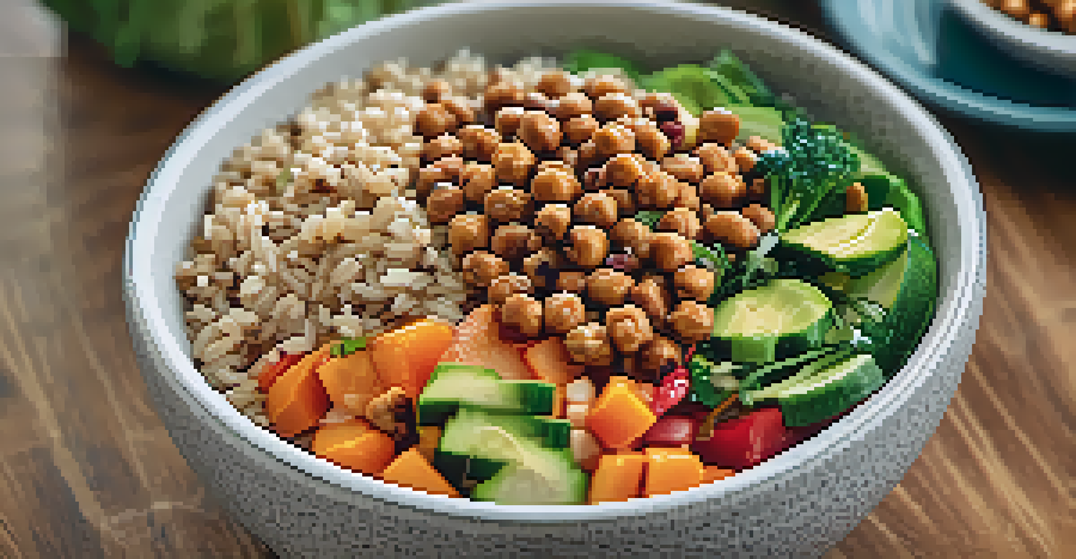 A colorful Buddha Bowl with brown rice, roasted chickpeas, and fresh vegetables in a bright eatery.