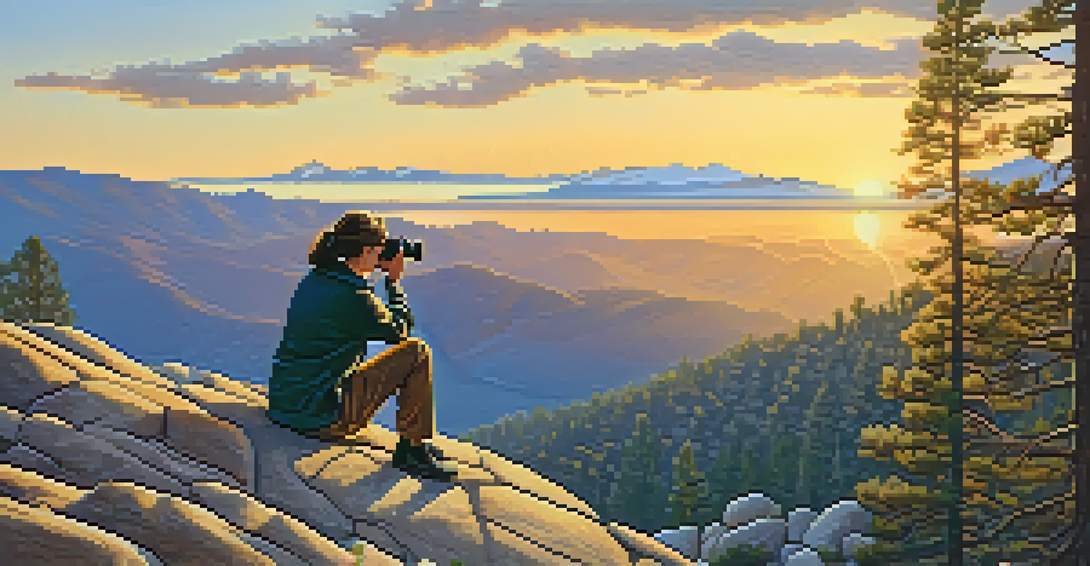 A photographer on a rocky outcrop in Big Bear, capturing a sunset with a DSLR camera.