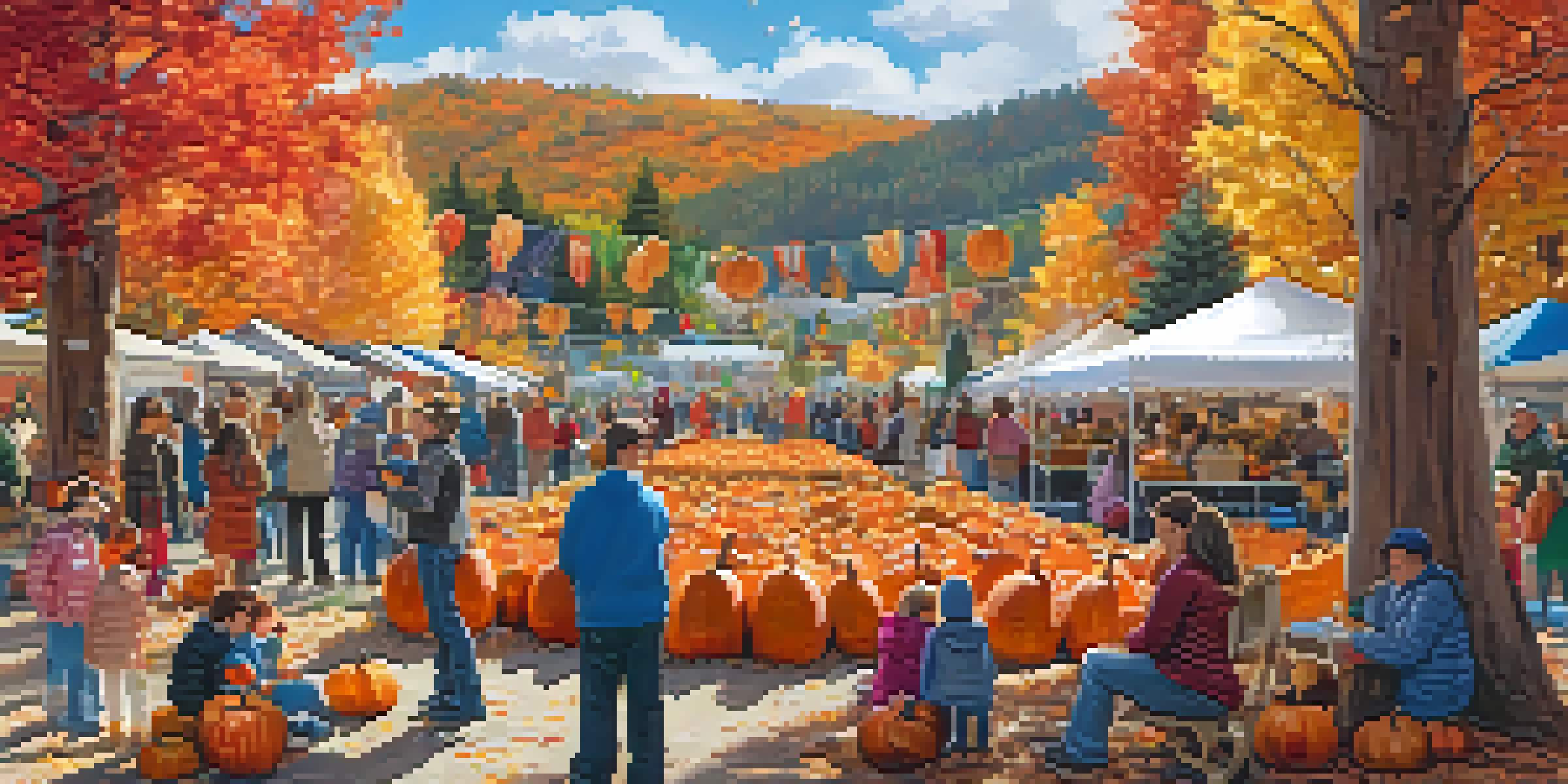 Families enjoying activities at an autumn festival with pumpkins and colorful leaves in the background.