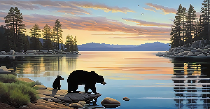 A peaceful view of Big Bear Lake at sunrise with colorful reflections, surrounded by tall pine trees and mountains, and a family of black bears near the water.