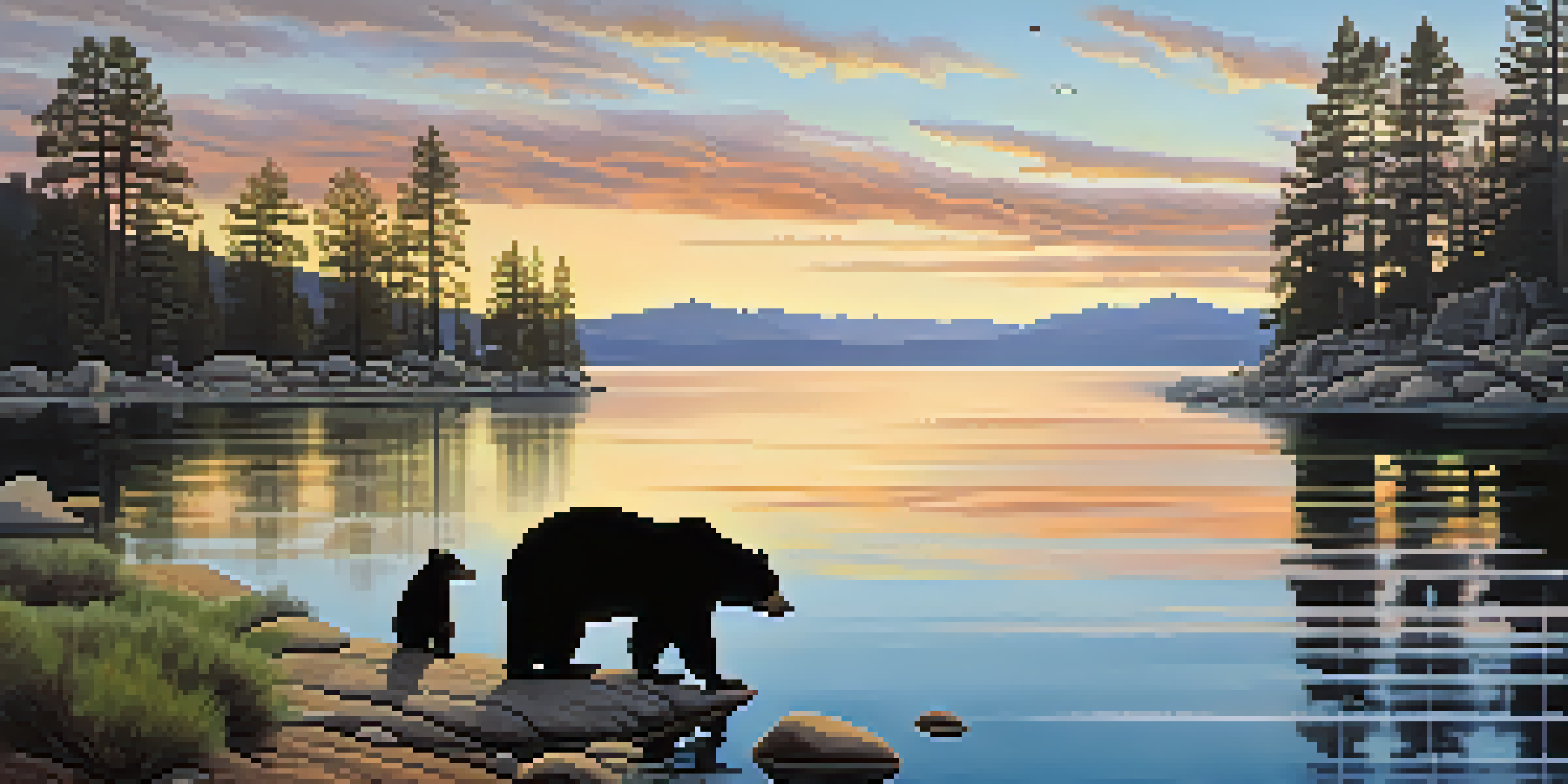 A peaceful view of Big Bear Lake at sunrise with colorful reflections, surrounded by tall pine trees and mountains, and a family of black bears near the water.