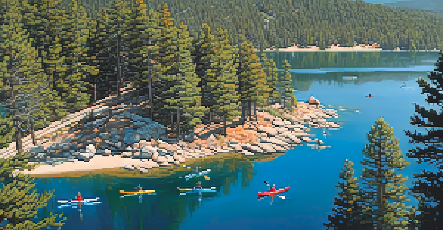 An aerial view of Big Bear Lake showing colorful kayaks on the water amidst trees and rocky shores.
