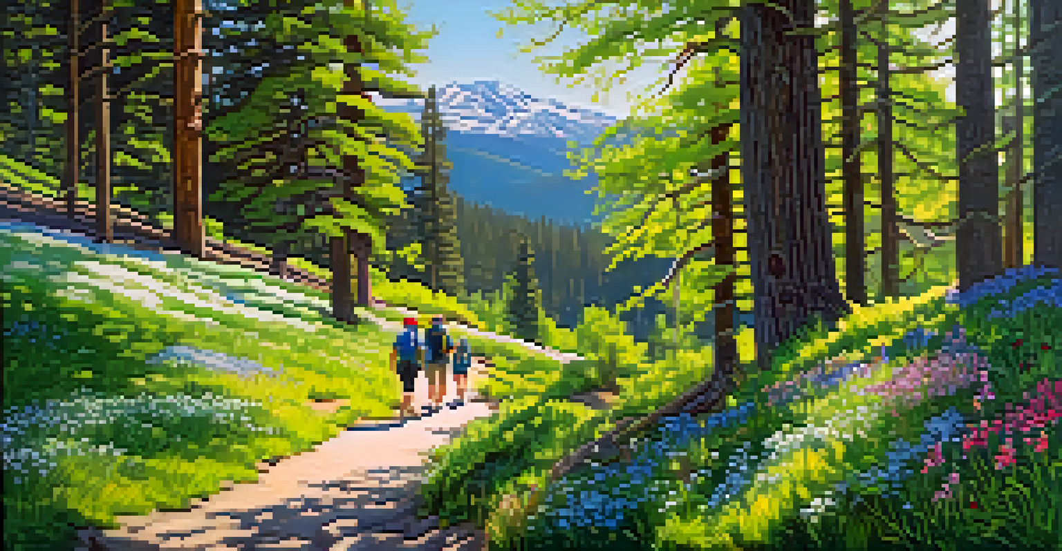 A spring hiking trail in Big Bear filled with wildflowers and hikers, with mountains in the background.