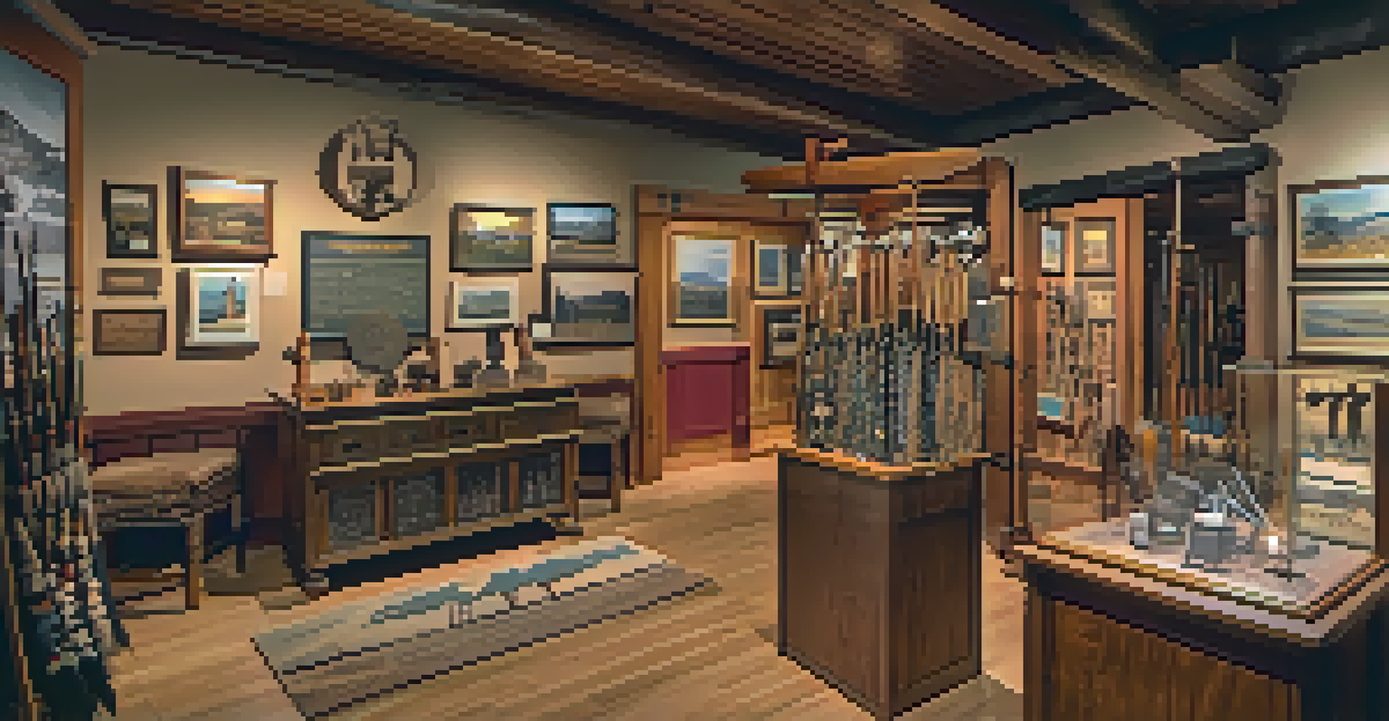 Inside the Big Bear Lake Historical Museum, with displays of Native American artifacts and tools from early settlers in a warmly lit room.