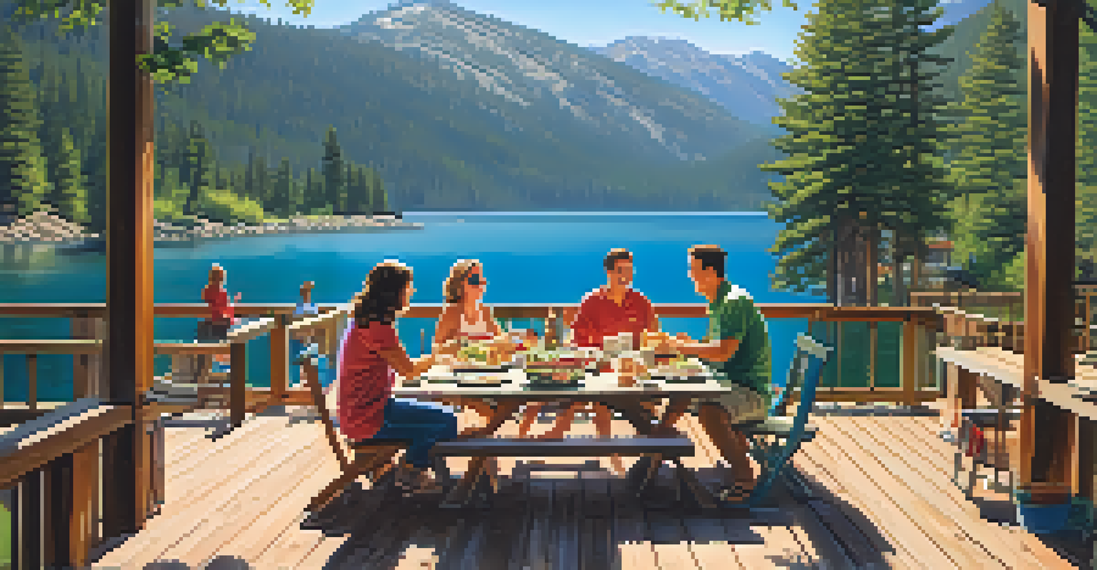 Guests enjoying a sunny outdoor meal at a vacation rental in Big Bear, with a lake and mountains in the background.