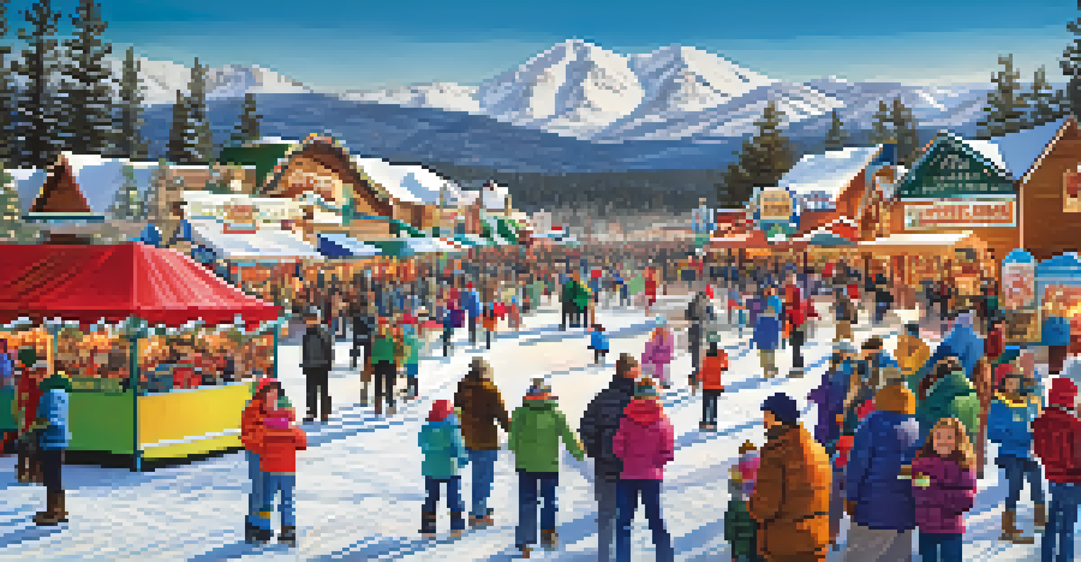 Families enjoying activities at Big Bear's Winter Festival, with colorful decorations and local vendors in a joyful atmosphere.