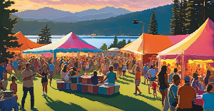 A lively outdoor music festival at sunset, with people dancing and enjoying food amidst a scenic lake and mountain backdrop.