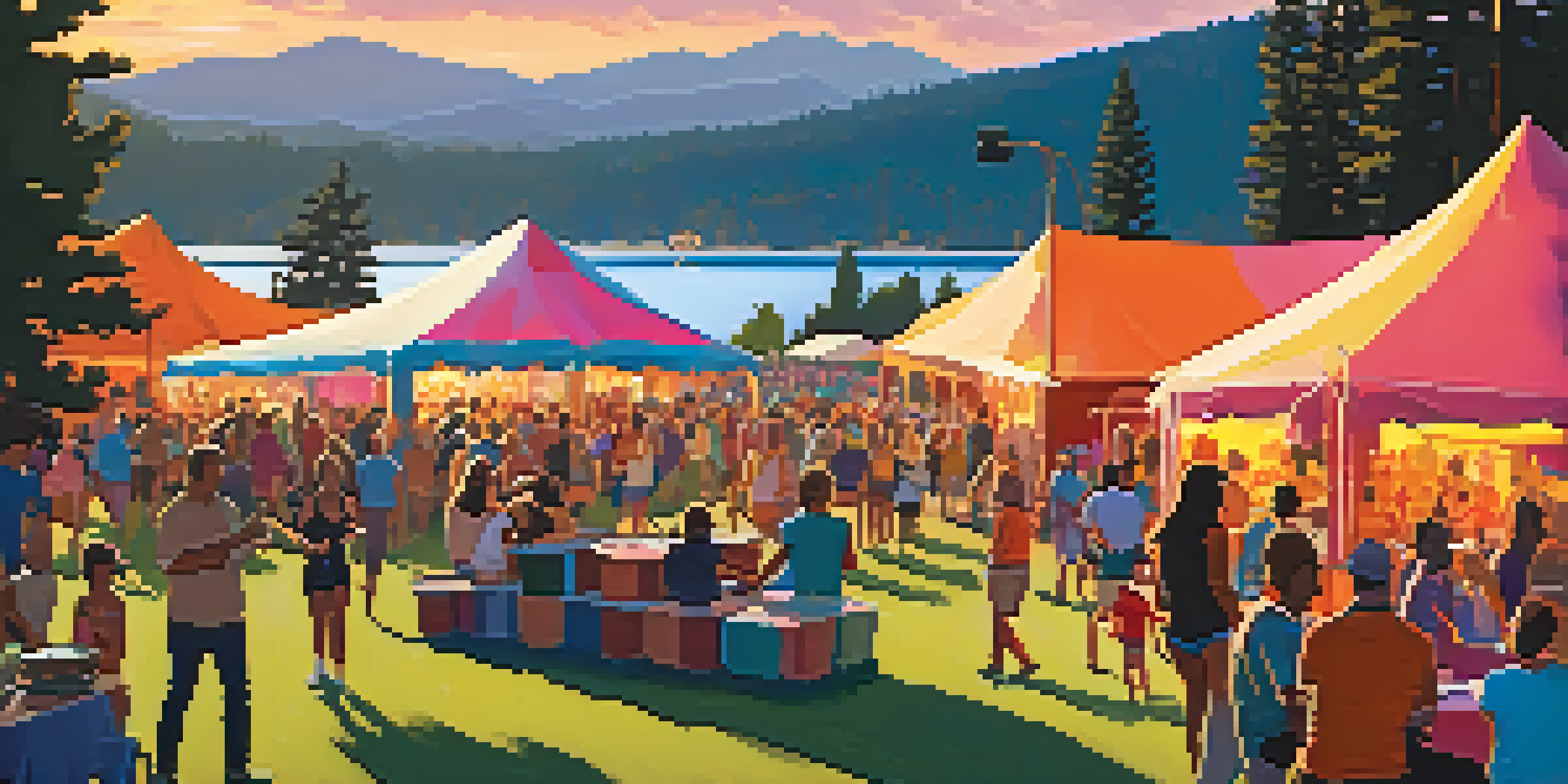 A lively outdoor music festival at sunset, with people dancing and enjoying food amidst a scenic lake and mountain backdrop.