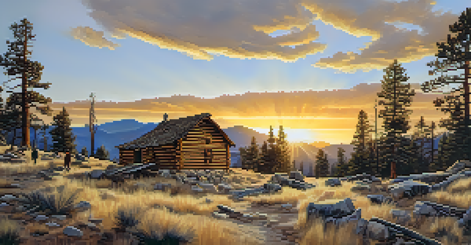 Hikers on a trail in Holcomb Valley, surrounded by the ruins of mining cabins and mountains at sunset.