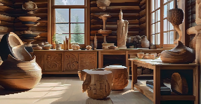 An inviting wooden craft studio with various handcrafted wooden items on display, illuminated by soft natural light.