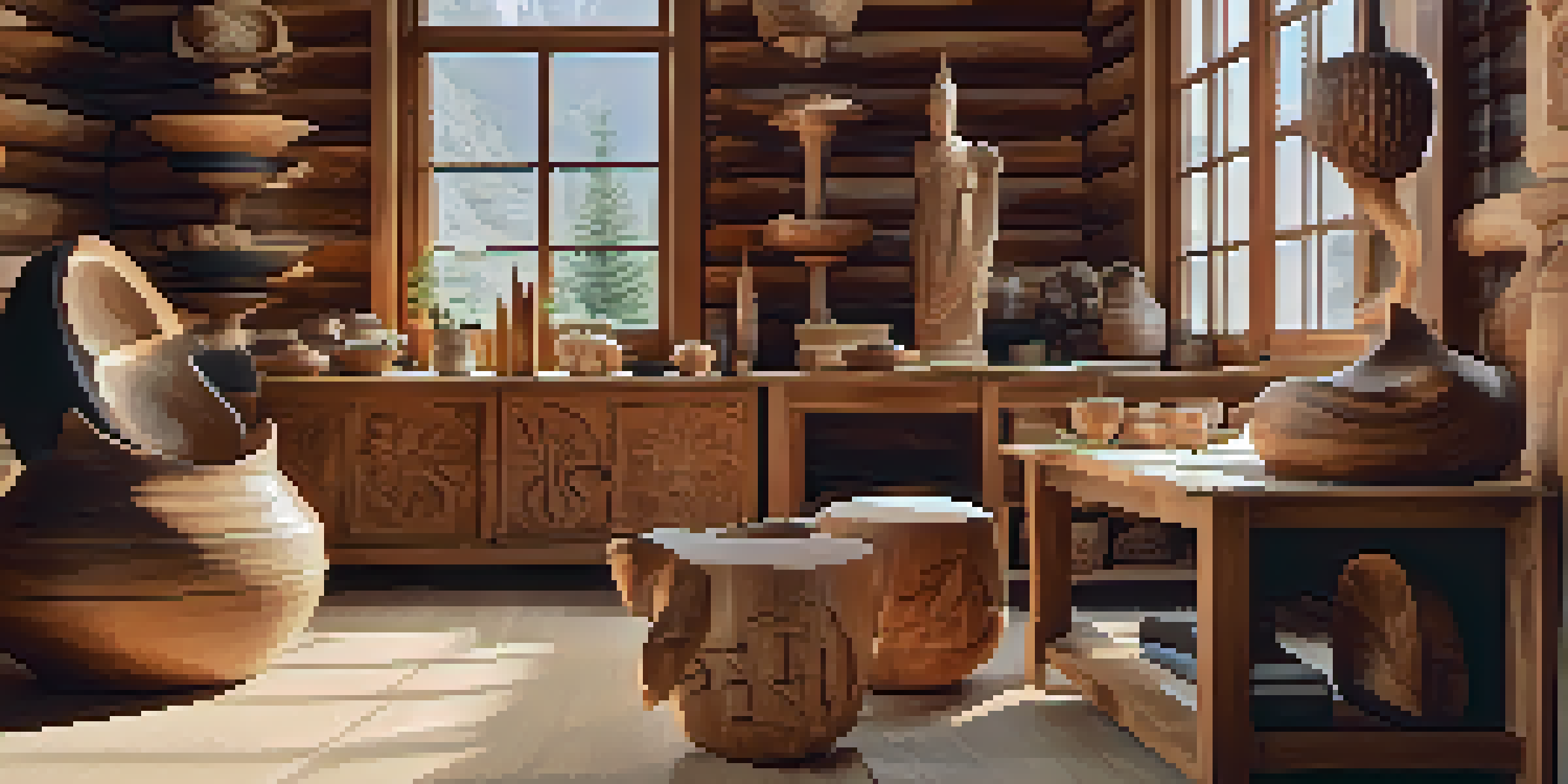 An inviting wooden craft studio with various handcrafted wooden items on display, illuminated by soft natural light.